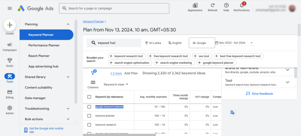 Google Keyword Planner interface